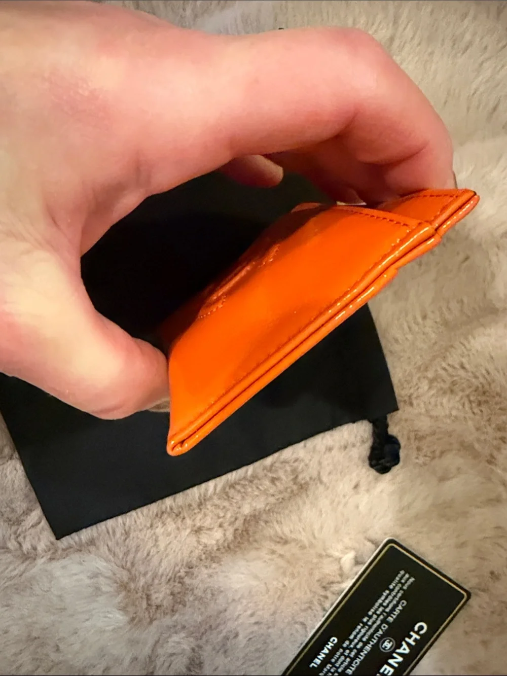 Pristine CHANEL Orange Patent Leather Card Case with Embossed CC and COA